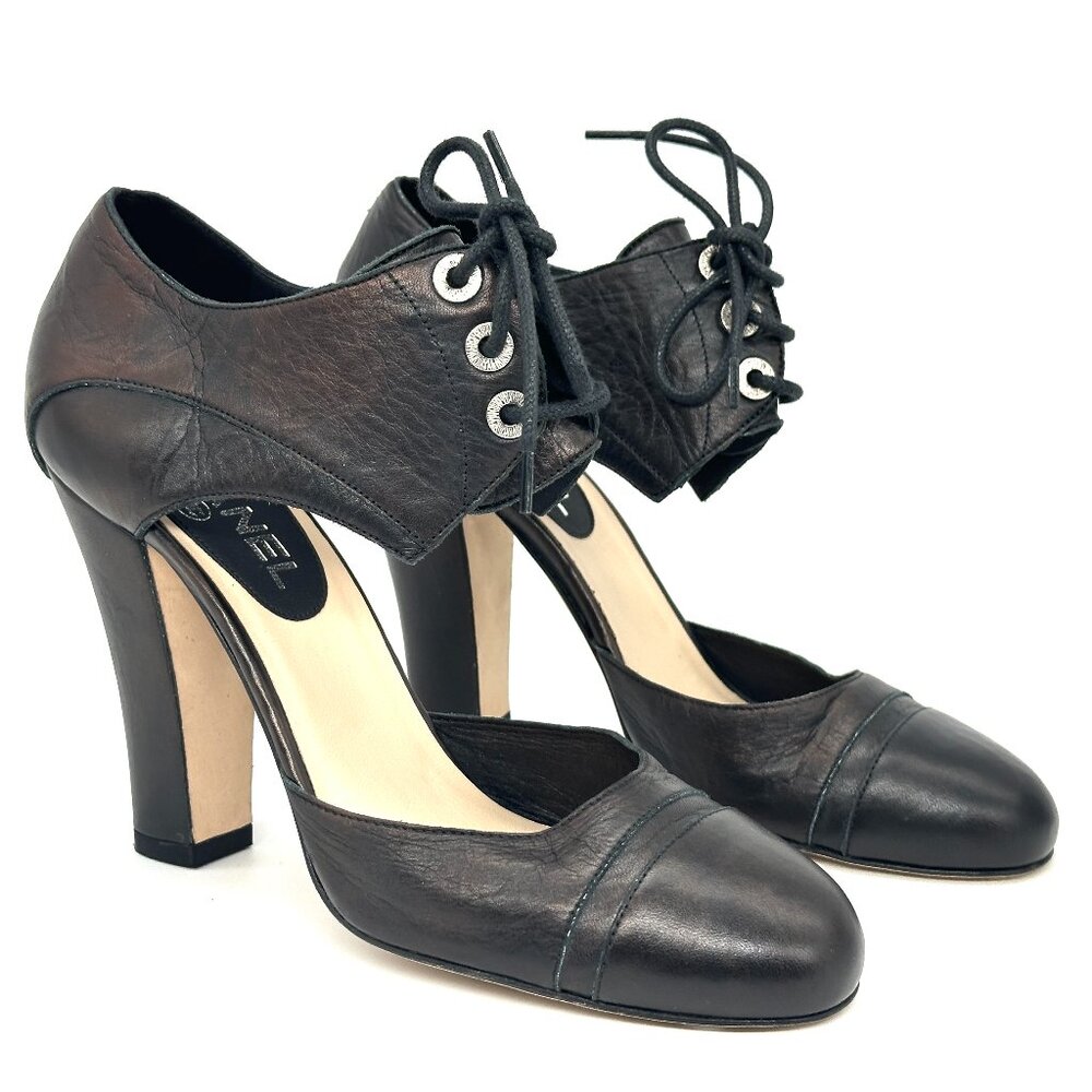 CHANEL 12C Cinema Lace Up Leather D'Orsay Pumps Sandals Shoes Heels Black - Picture 6 of 16